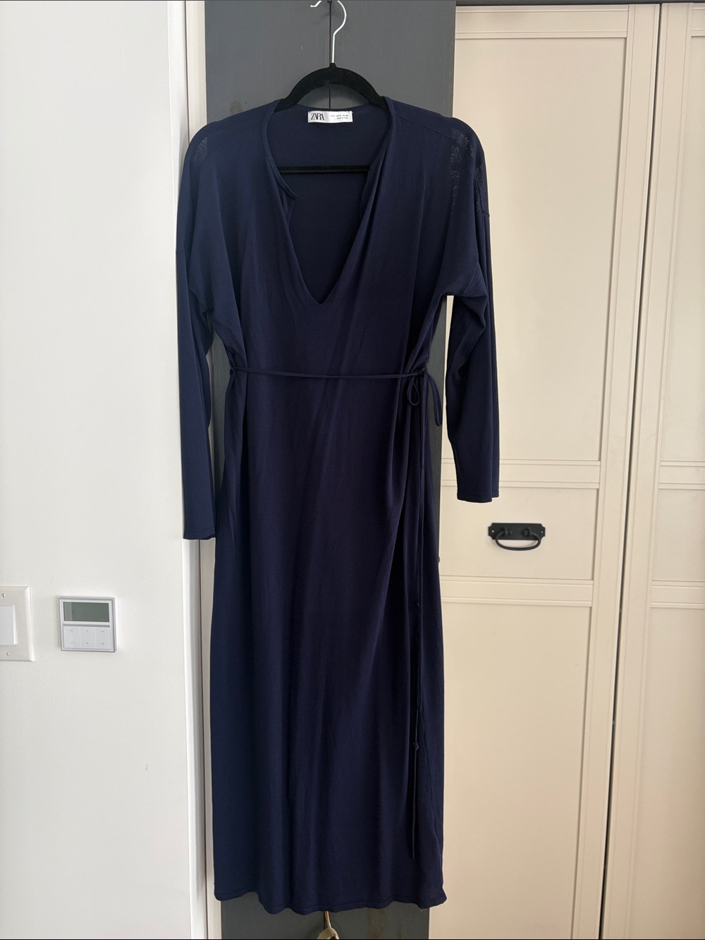 Zara Deep Navy Long Sleeve Wrap-Detail Maxi Dress